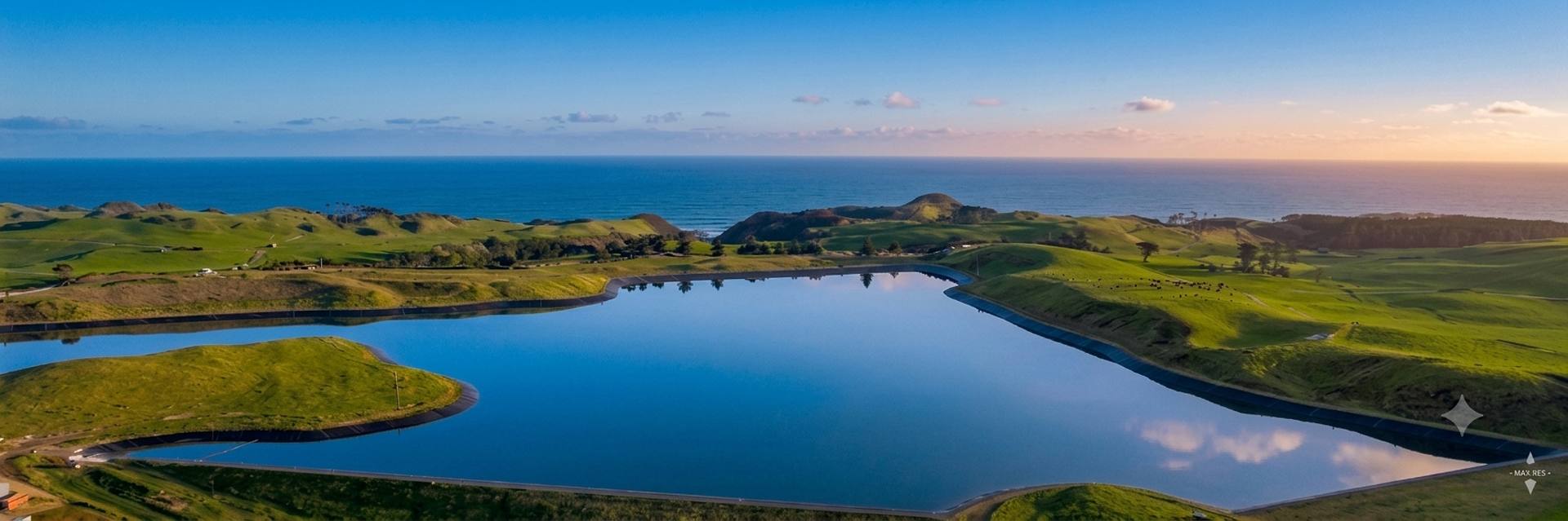 Northland water-scheme reservoir above the coast at dusk