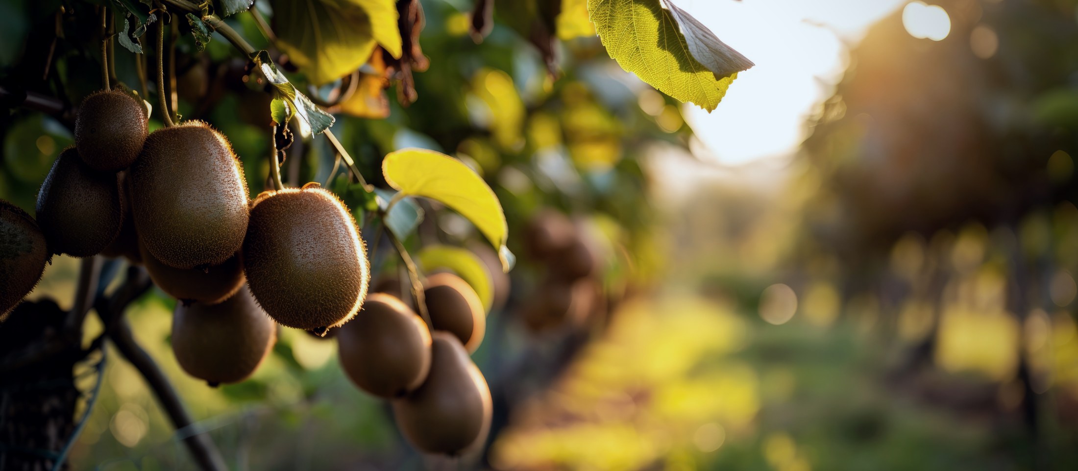 Zespri SunGold kiwifruit on the vine at golden hour, Northland orchard